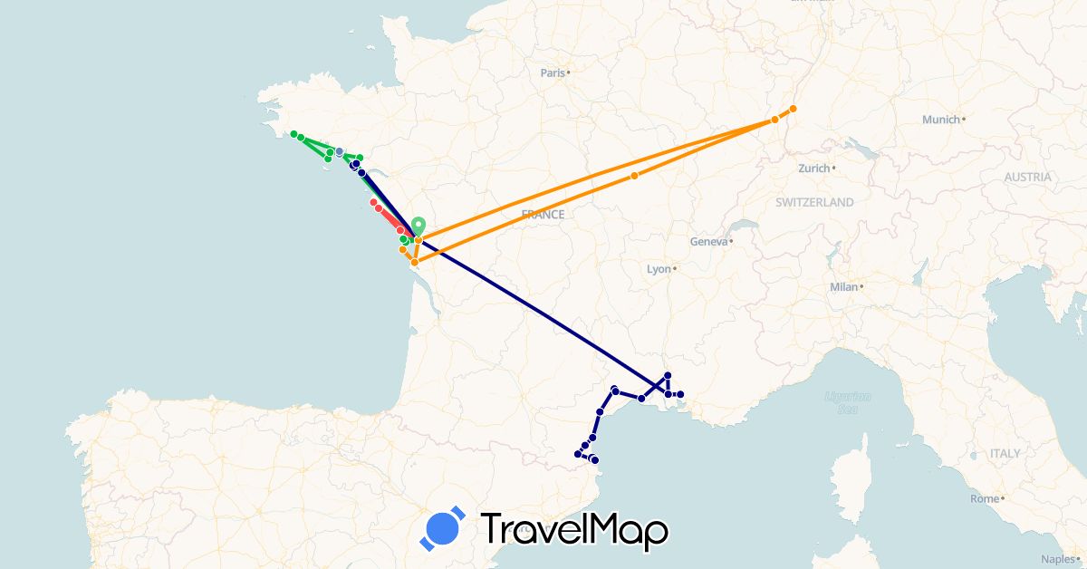 TravelMap itinerary: driving, bus, cycling, hiking, hitchhiking in Germany, France (Europe)